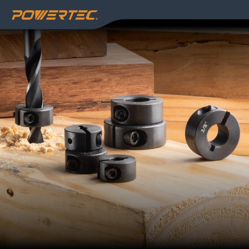 POWERTEC Drill Bit Stop Collar Set, 7 Piece Set Adjustable Drill Bit Depth Stopper with Allen Wrench, Bits Stop with Imperial System Size Markings - 1/8", 3/16", 1/4", 5/16", 3/8", 7/16", 1/2â€ (71491) - Image 2